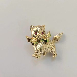 Vintage Brooch Pin Cat Kitty Gold Tone Red Rhinestone Eyes Green Bow Jewelry